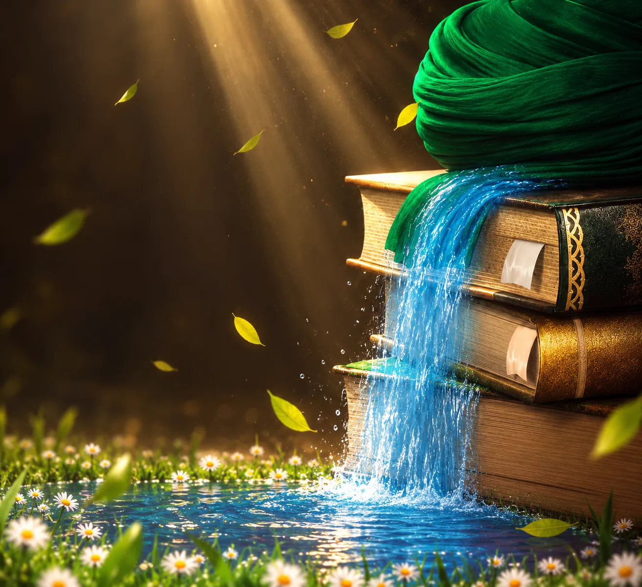 Books of wisdom beneath a green turban, with water flowing over them into a pool