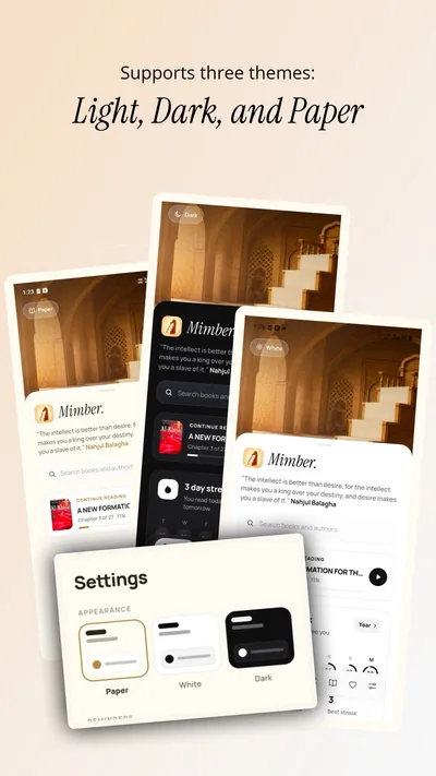 Mimber supports three reading themes: Light, Dark and Paper