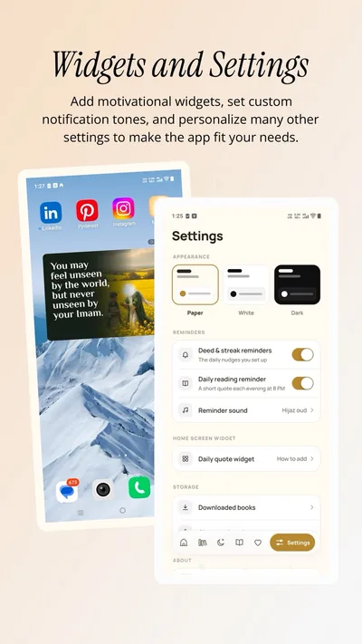 Mimber widgets and settings: motivational home screen widgets, reminders and notification tones